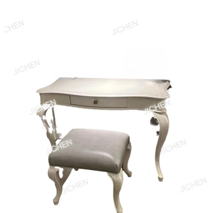 Toaletka w stylu vintage z litego drewna dębowego, biała, z szufladami, biurko do nauki/pracowania.