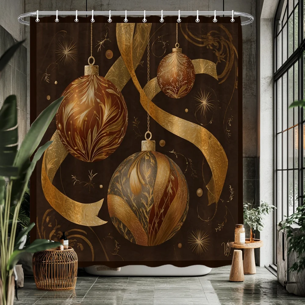 Elegant Gold and Bronze Christmas Ornament Shower Curtain Festive Holiday Bathroom Decor Curtain