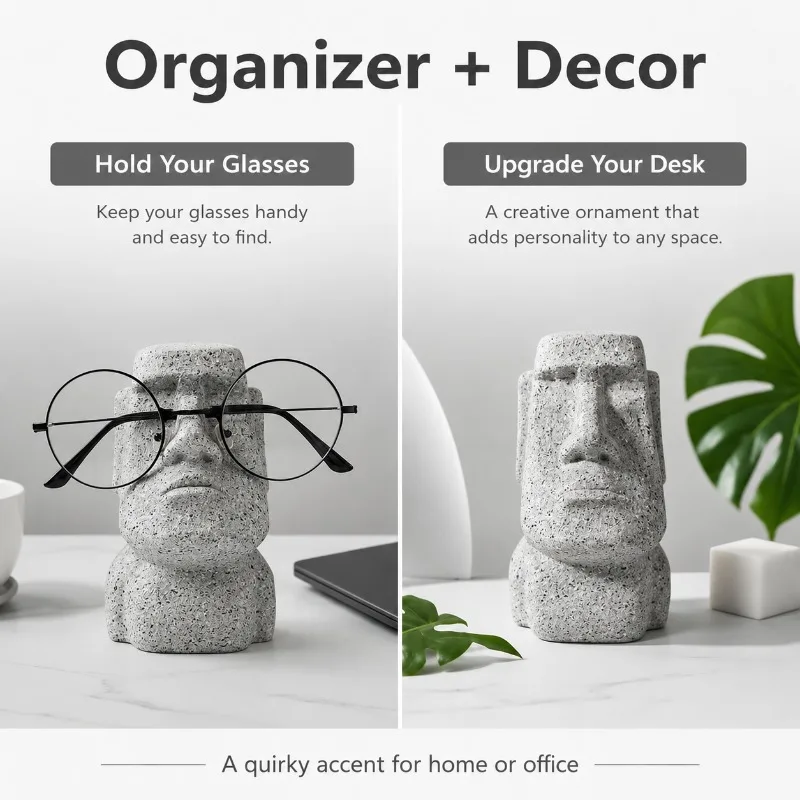Funny Face Eyeglasses Holder Moai Style Desk Decor Small Eyewear Storage Stand for Glasses Sunglasses Home Office Gift