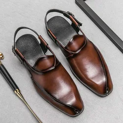 New Arrival 2025 Summer Hollow Out Men PU Leather Sandals Shoes Buckle Strap Men Beach Casual Shoes Black Brown