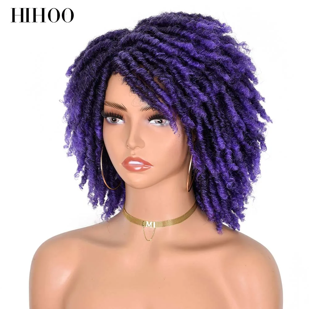 Short Dreadlock Hair Curly Wig With Bangs For Black Women Synthetic Faux Locs Wigs Ombre Crochet Twist Hair Wigs Purple Hihoo