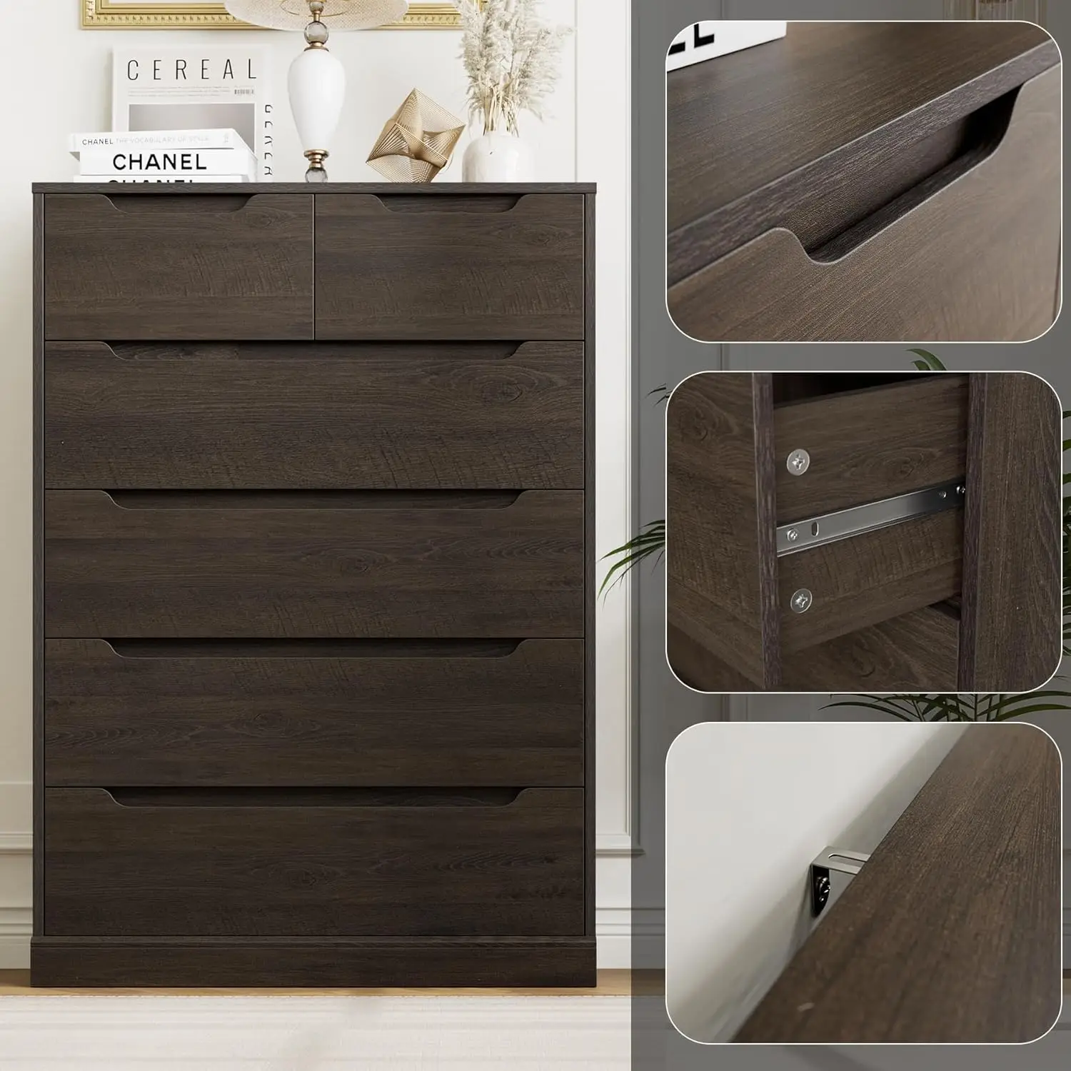 Cómoda moderna de 6 cajones para dormitorio, cofre alto con almacenamiento, organizador grande de madera con mango recortado