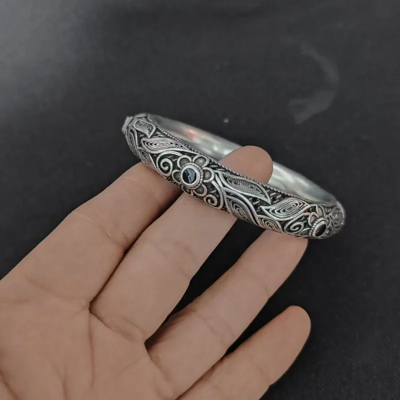 Retro Tibetan Miao White Copper Bangle Silver Plated Hollow Snake Head Blue Enamel Inlaid Ethnic Wrist Accessory