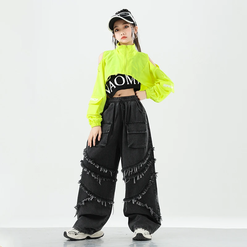 Chaqueta verde corta de Hip Hop para niñas, pantalones vaqueros Cargo de baile callejero, ropa de calle militar para niños, Joggers, conjuntos de ropa de Jazz para niños