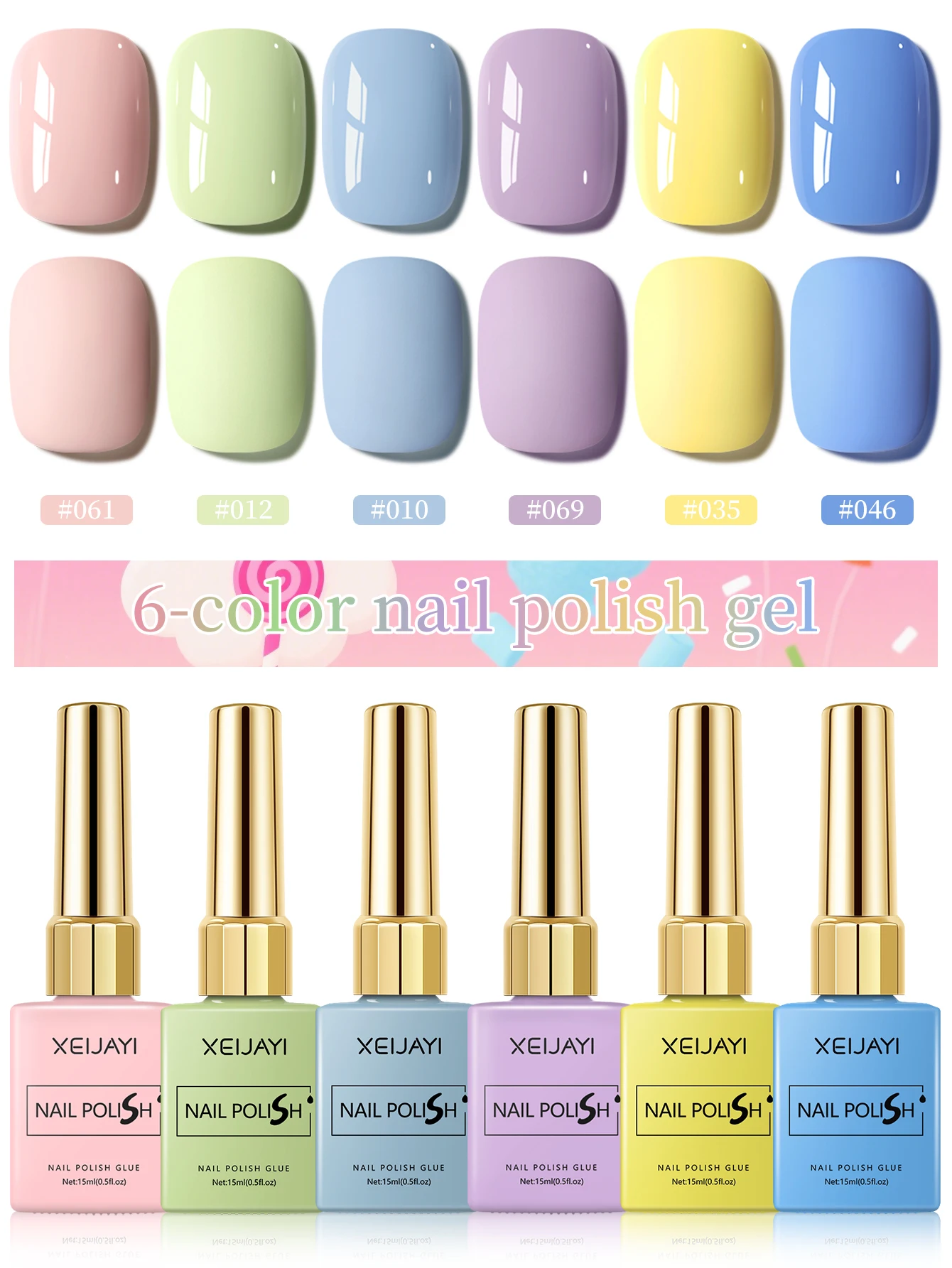 

XEIJAYI 6pcs 15ml Candy Party Gel Nail Polish Set Blue Pink Semi Permanent UV Gel Polish Kits All For Manicure Kit Soak Off UV