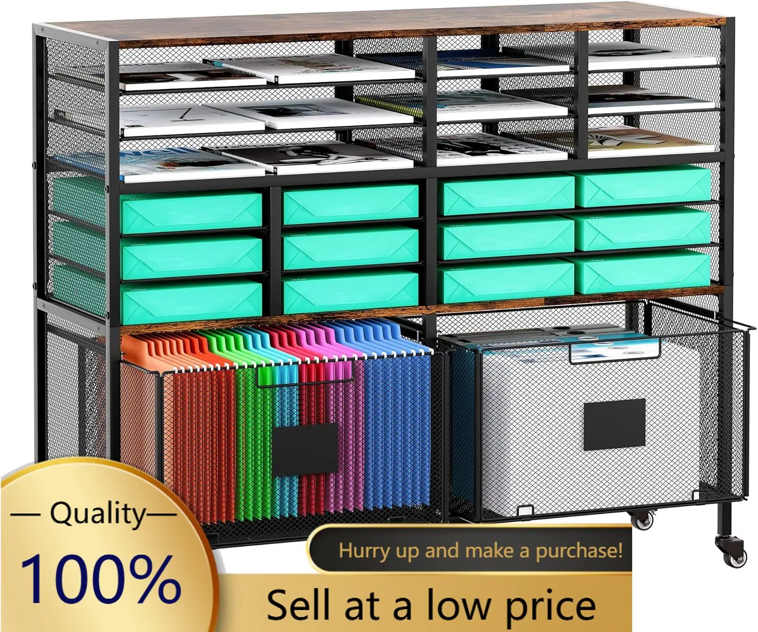 Rolling Cart with 2 Storage Drawer, Under Desk Filling Cabinet with Mail Sorter, Pull Out Hanging File Rack for Letter Size Fold