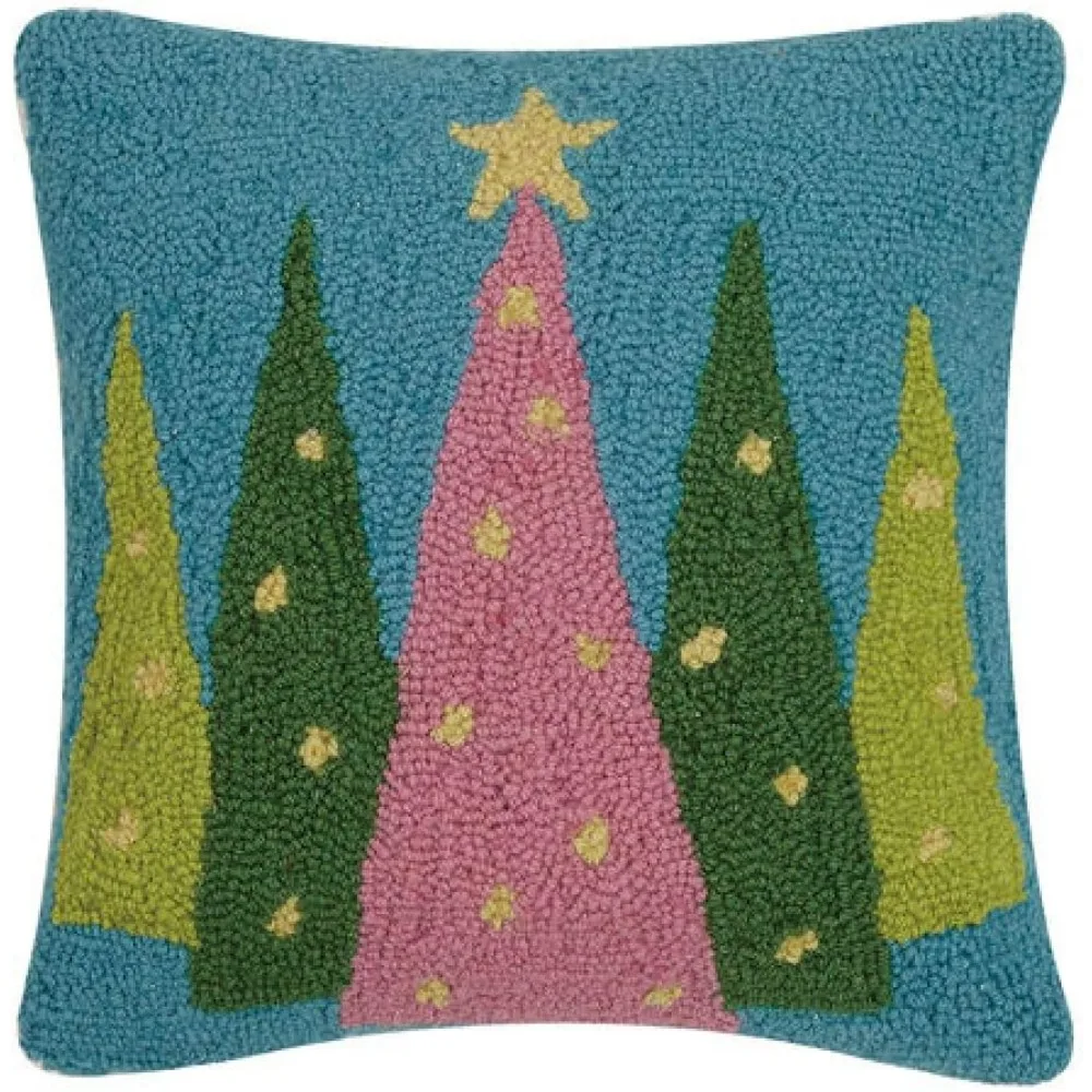 Merry and Bright Christmas Trees Hook Throw Pillow, 14-inch Square, Wool and Cotton