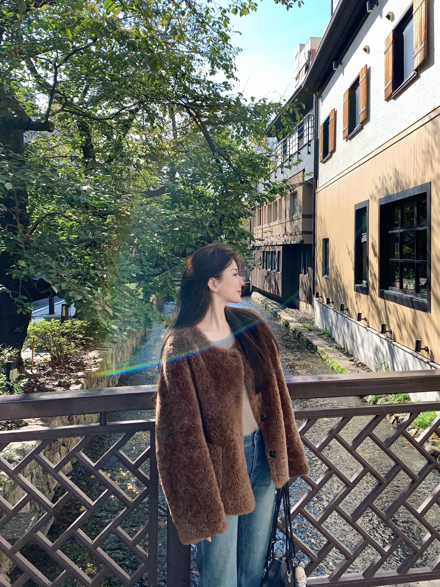 

Женское шерстяное пальто Ele с мехом, осенне-зимняя верхняя одежда в корейском стиле, свободный крой, модная куртка-мокасин с длинными рукавами