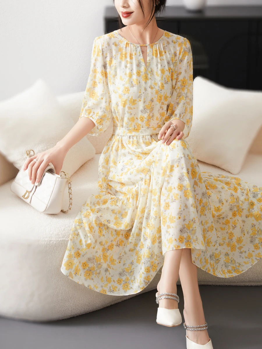 

Ele Hollow out Collar Floral Print Dr Women's New Lantern Sve Slimming Print Long Dr Chenen High Waist A-Line ...