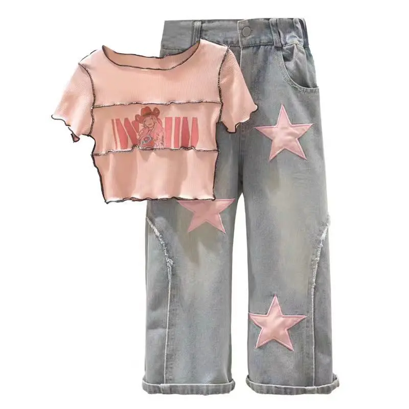 New Summer Girls Clothing Sets Spring Mid size Girls\' Fashion High Waist Tight Short Sleeve+Spliced Bow Jeans Children Clothes