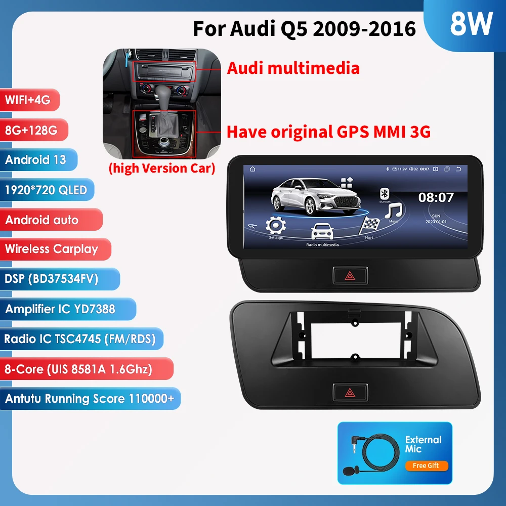 10.25 "2din Carplay Android 13 Auto Autoradio Voor Audi Q5 2009-2016 Multimedia speler GPS navi Stereo autoradio 1920*720 scherm
