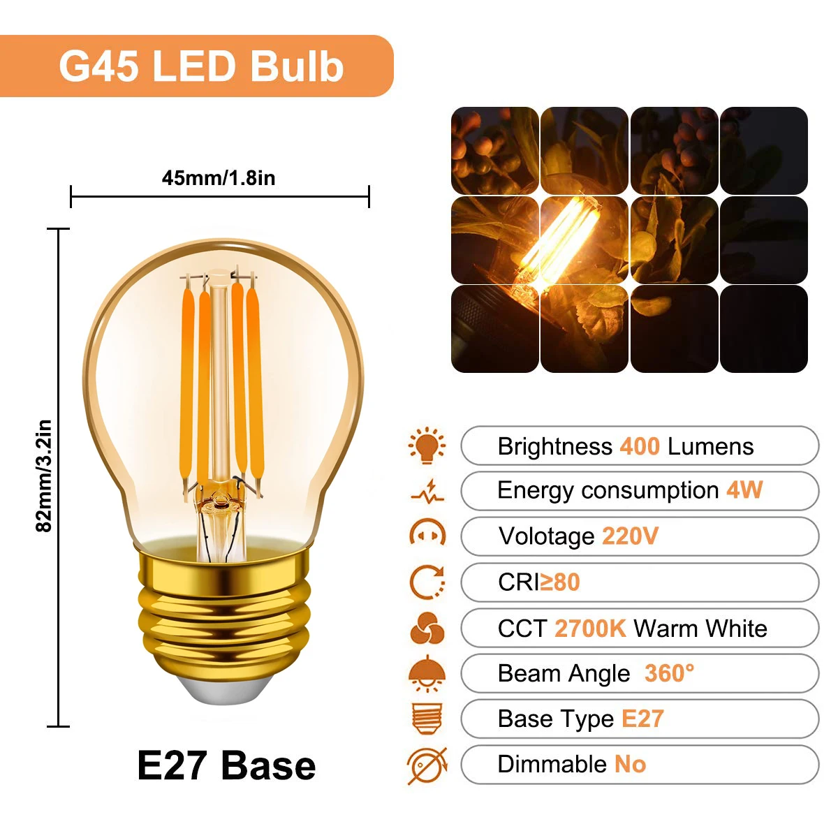 หลอดไฟเอดิสันไส้หลอด LED G45ดวงเล็ก4W 6W หรี่แสงได้ E27หลอดไฟ LED แนววินเทจ2700K สีวอร์มไวท์สำหรับหลอดไฟประดับแบบสาย