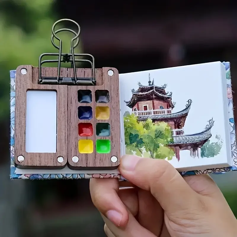 15/8-Fächer-Farbpalette, 1 Pinsel und ein Aquarell-Skizzenbuch, 12 Farbpigmente, 1 Klemme – perfekt für Kunst unterwegs – Detail 2