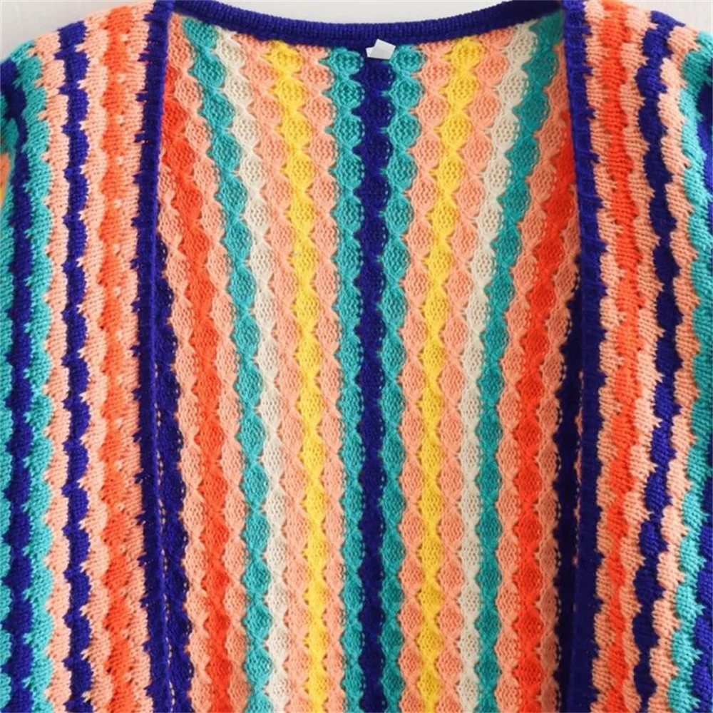 Women Colorful Striped Knitted Cardigan Sweater Vintage Crochet  Rainbow Color Long Sleeve Coats Female Loose Streetwear Tops