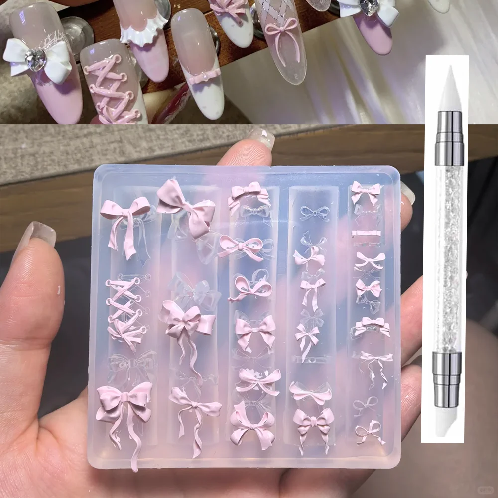 

1Pcs 3D Bowknot Silicone Nail Molds+1Carving Pen Y2K Ballet Style Ribbon Nails Stencils Sculpture Bows Manicure Template Tools *