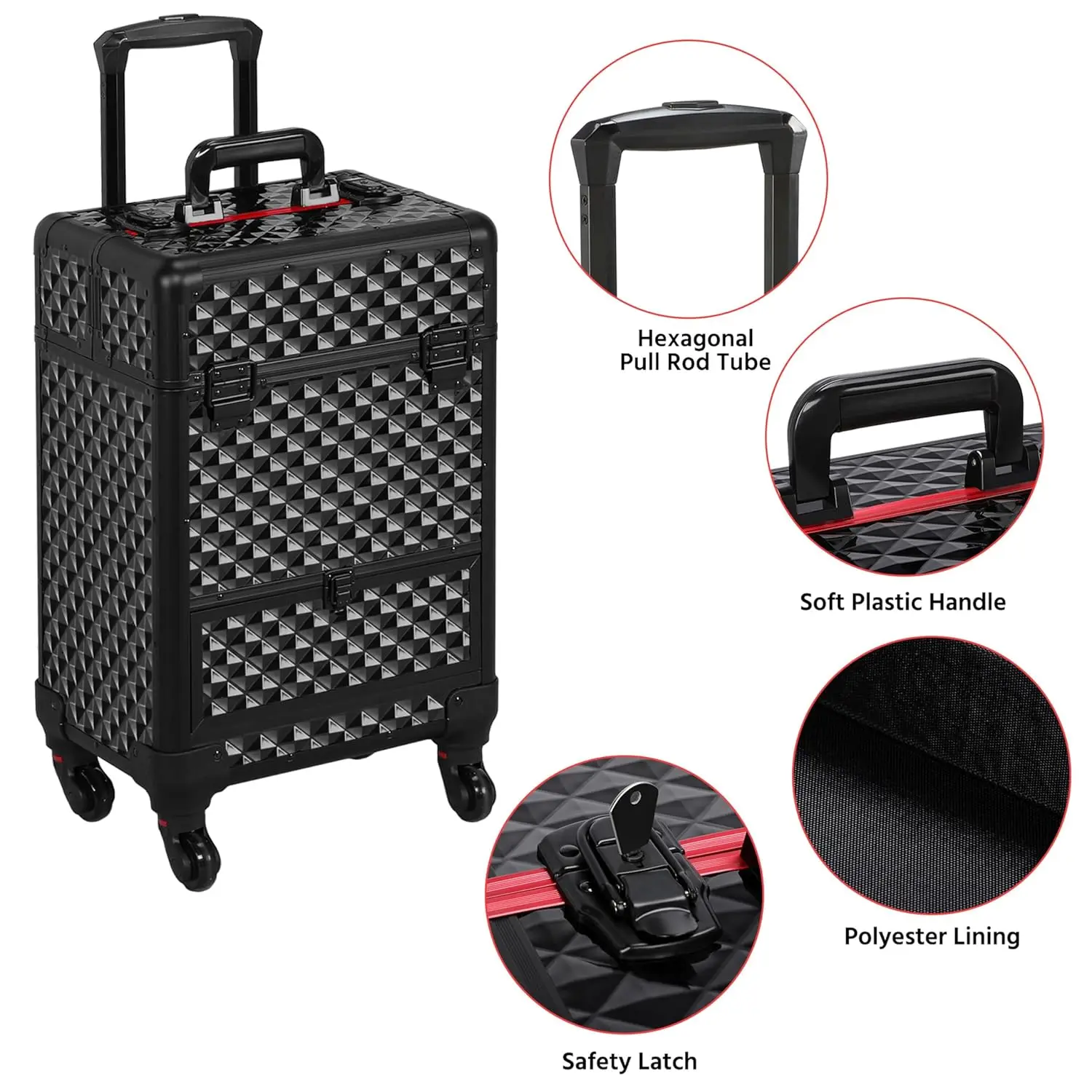 Rolling Makeup Train Case อลูมิเนียมเครื่องสําอางค์ล้อตัดผม Salon ล็อคได้ Travel รถเข็นเลื่อน Dr