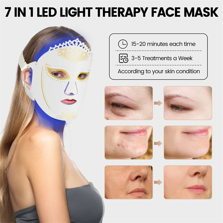 Blue Red LED Light 7 Color Light LED Facial Mask with Neck LED Light Mask Facial Red Light Mask Therapy Anti Aging Skin Care