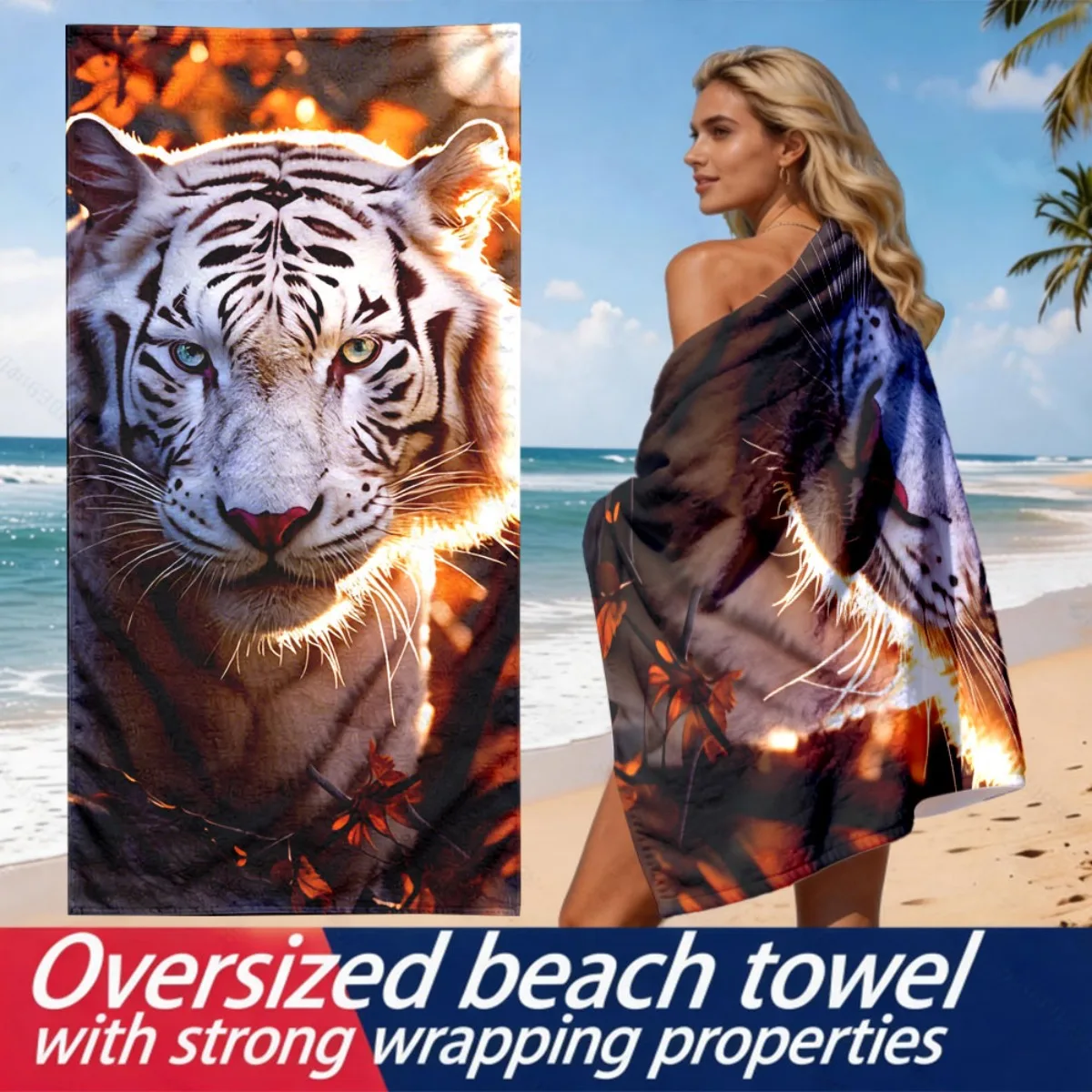 Jungle Light and Shadow White Tiger polyester microfiber beach towel is highly absorbent suitable for swimming and beach outings