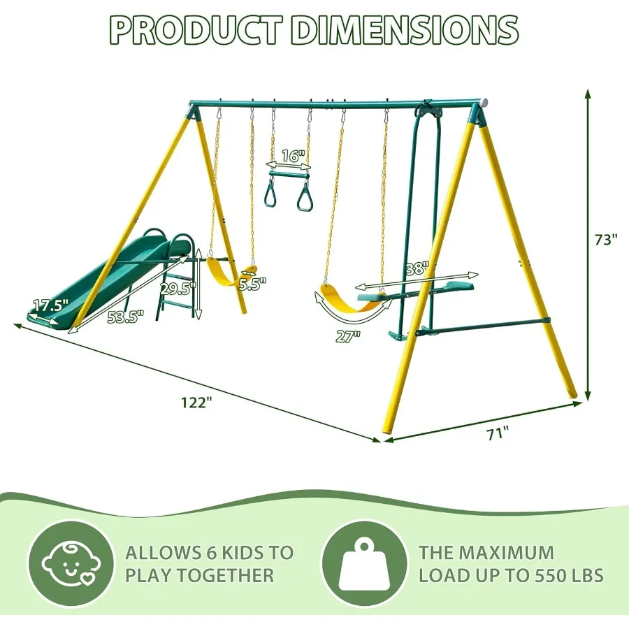 مجموعة أرجوحة معدنية شديدة التحمل 5 في 1 مع حزام أرجوحة شراعية وشريحة للاستخدام الخارجي وتصميم AFrame يدعم ما يصل إلى 500 رطل