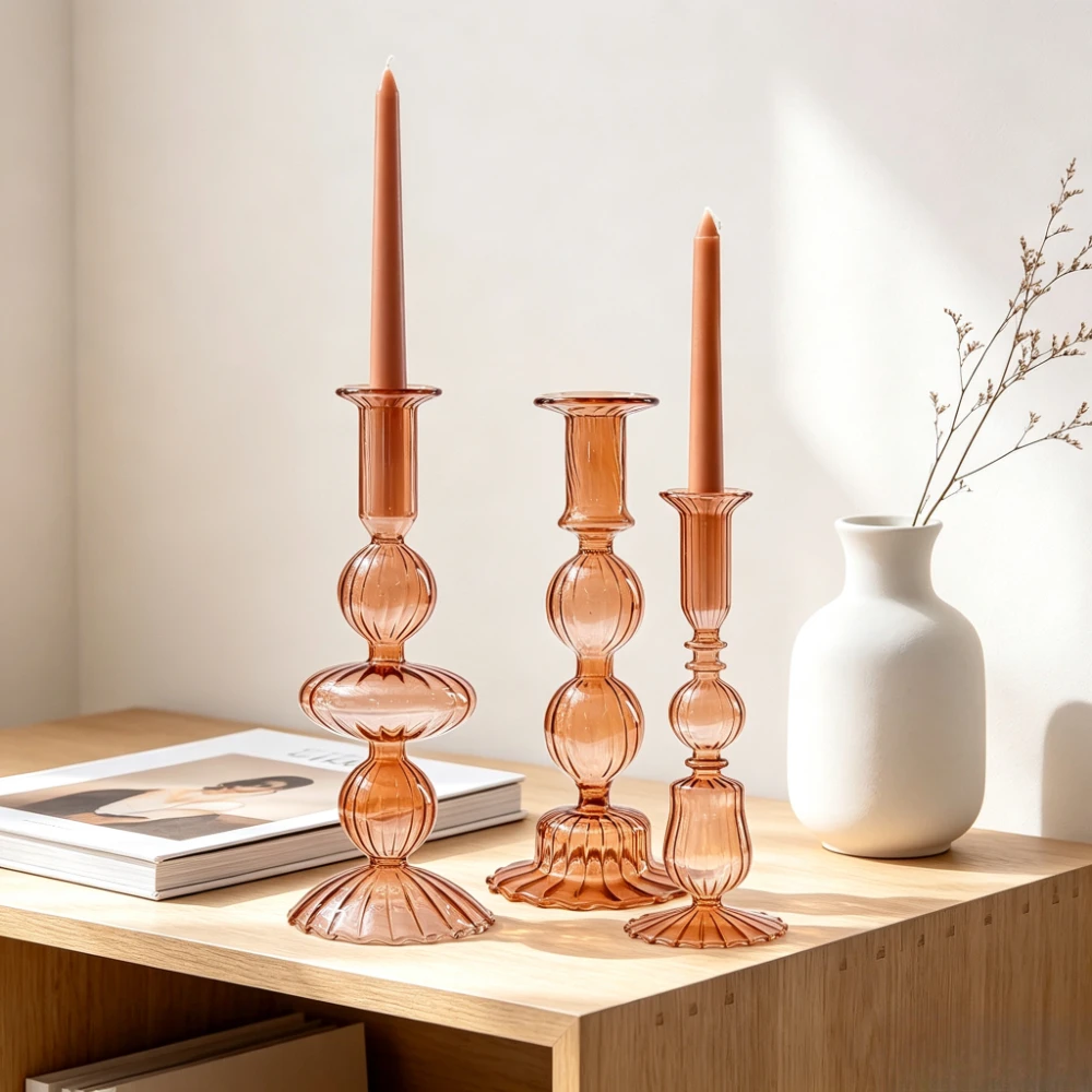Amber Ribbed Glass Taper Candlestick Holder Vintage Bubble Ball Design Candle Holder for Wedding Table Home Desktop Decoration