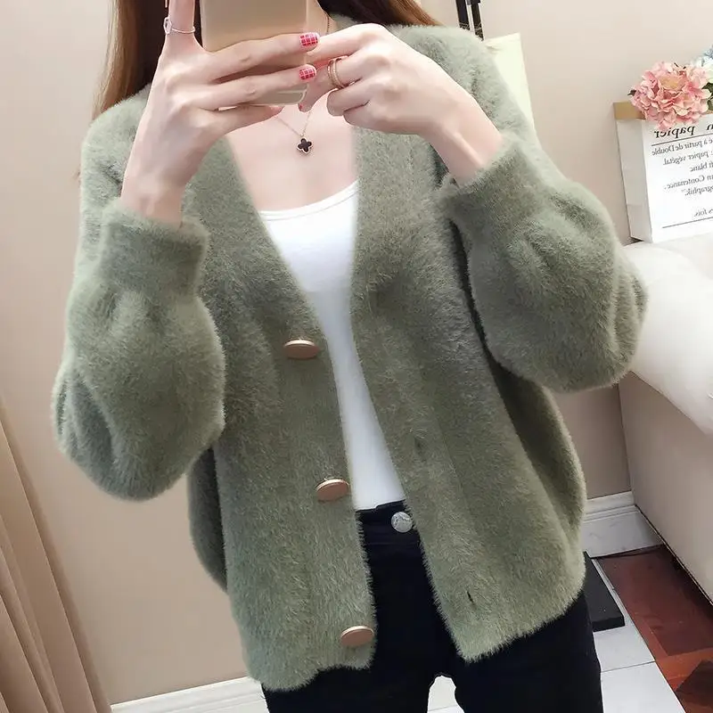 Women Mink Fleece Knitted Cardigan Pink 2026 Autumn Winter Long Sleeve Korean Sweater Tops Femme Short Loose White Jacket Female