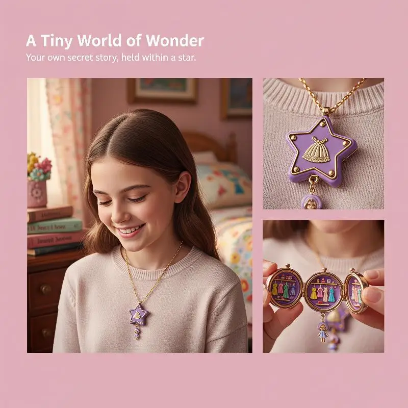 Cute Enamel Star Locket Necklace Open Ring Combo Hidden Mini Doll Inside Fashion Jewelry for Girls Daily Accessory