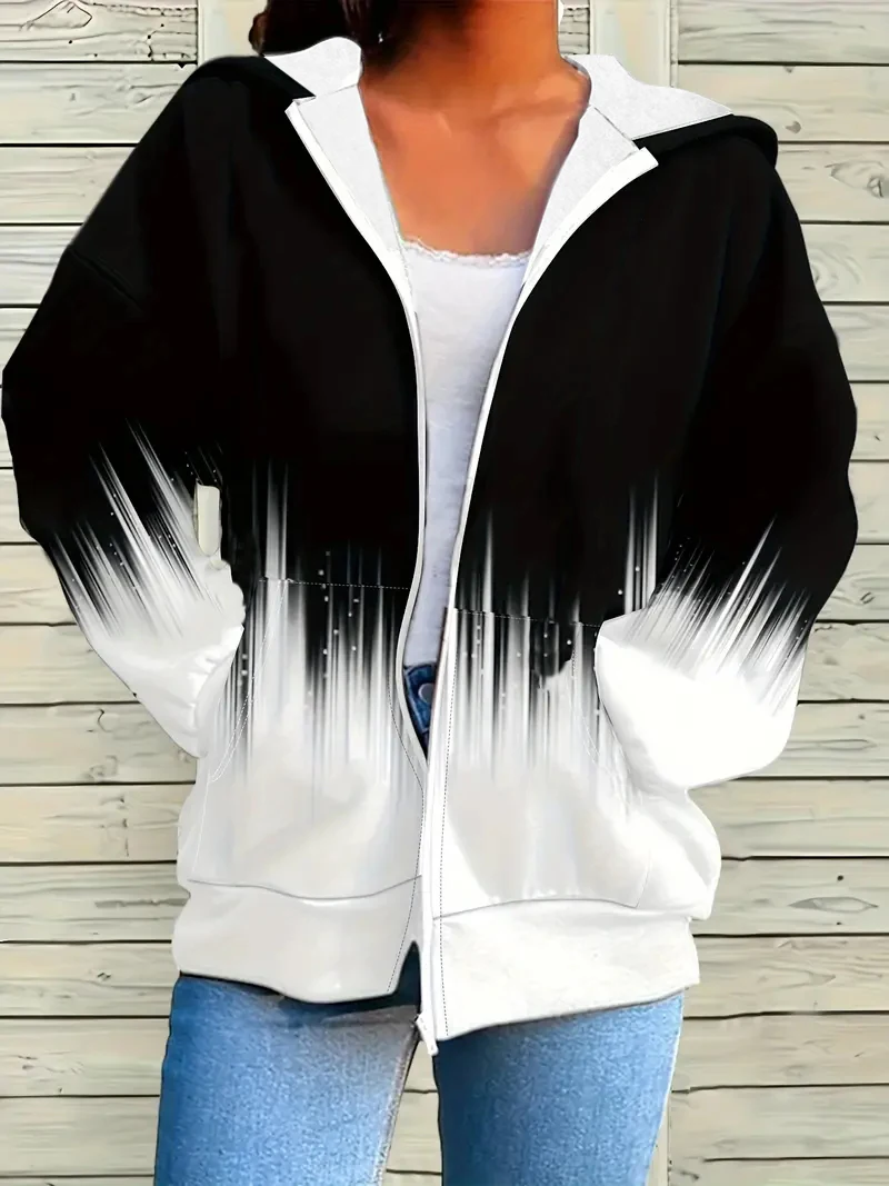 Women's Elegant Printed Zipper Hooded Jacket - Machine Washable for Spring and Autumn