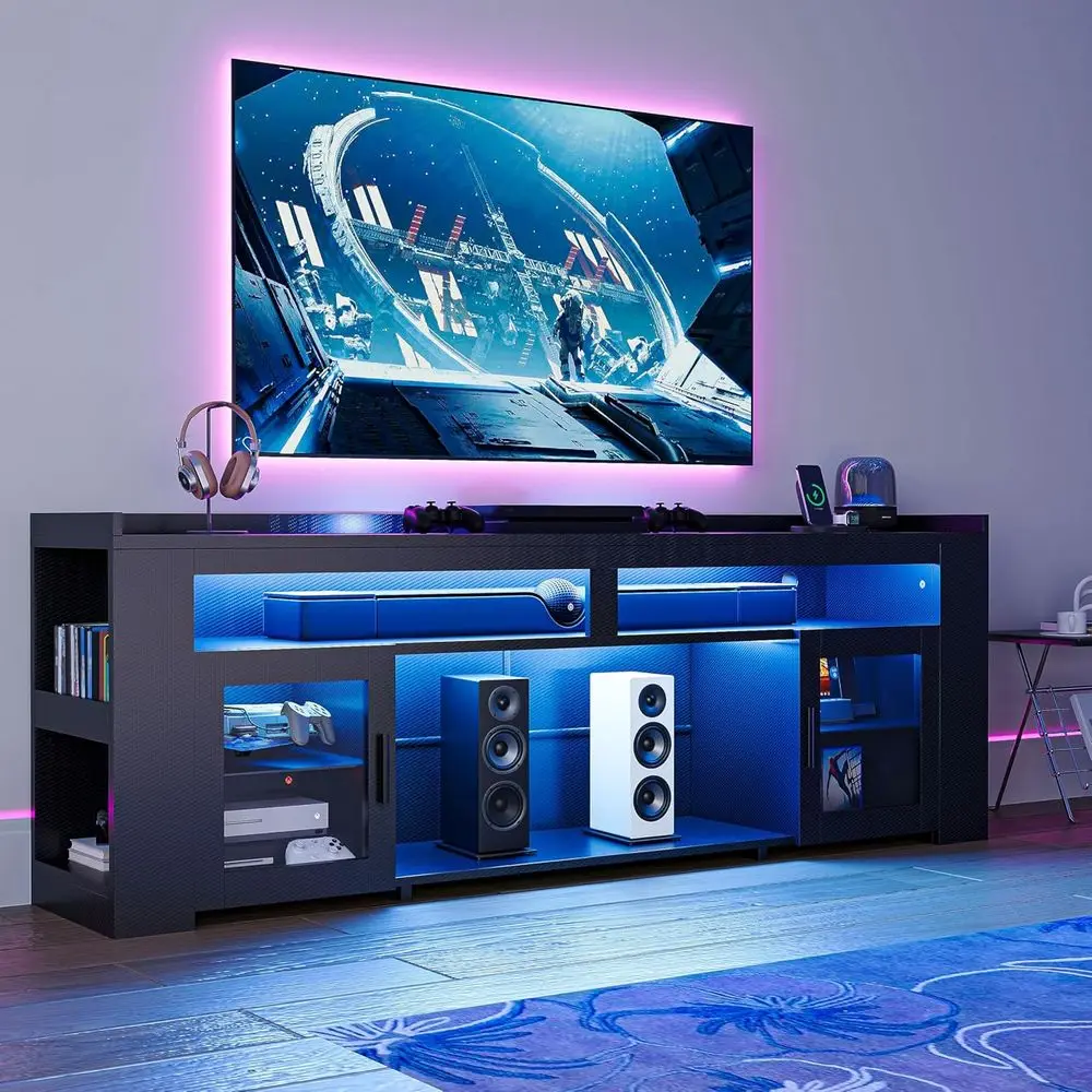 

Телевизоры до 75 дюймов с зарядной станцией, LED-развлекательный центр, медиацентр из углеродного волокна с регулируемыми стеклянными полками и 2 дверцами