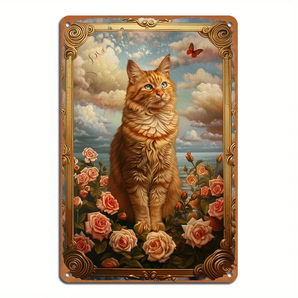 

Charming Cat and Floral Window Sill Tin Painting Metal Wall Decor Easy To Install Great for Home or Office Decor Size 8X12 Inch