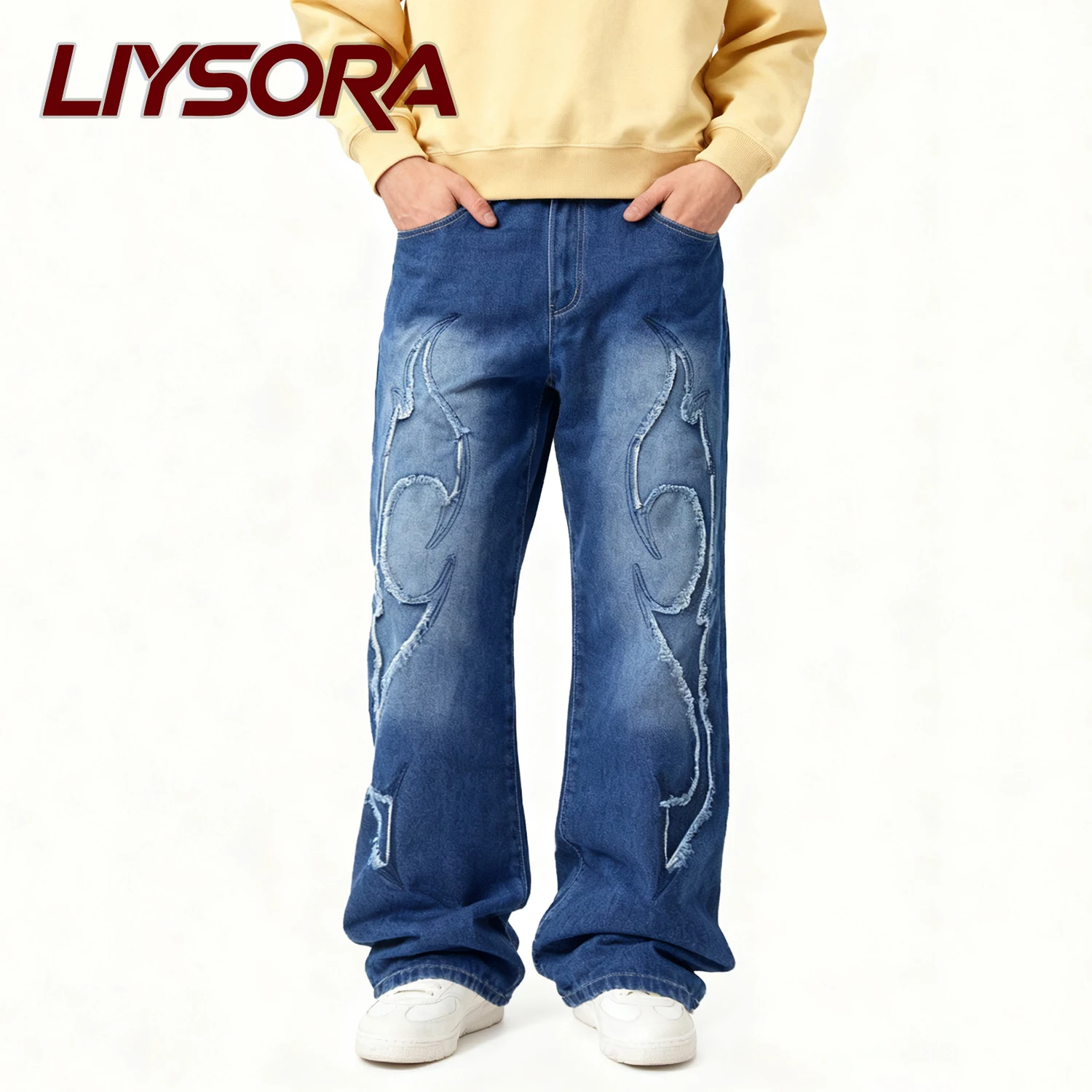 جديد الرجال الأمريكية الخريف فضفاضة المناسب مستقيم الساق الجينز شارع العليا لصق الدنيم السراويل الشتاء المرقعة الجينز الهيب هوب بانت #1