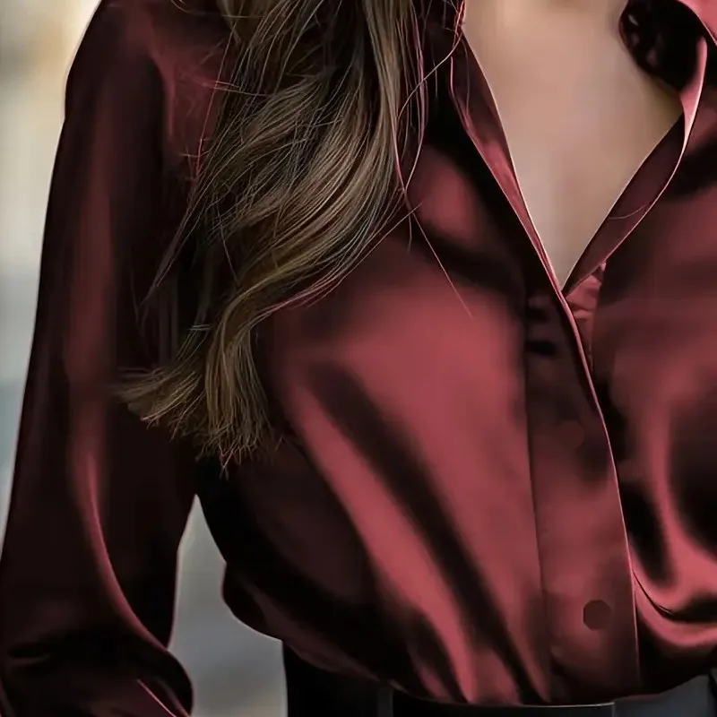 

Fashion New Satin Shirt Elegant Long-sleeve Button-up Women Shirts & Blouses Spring Fall Comfortable Long Sleeve Office Shirt