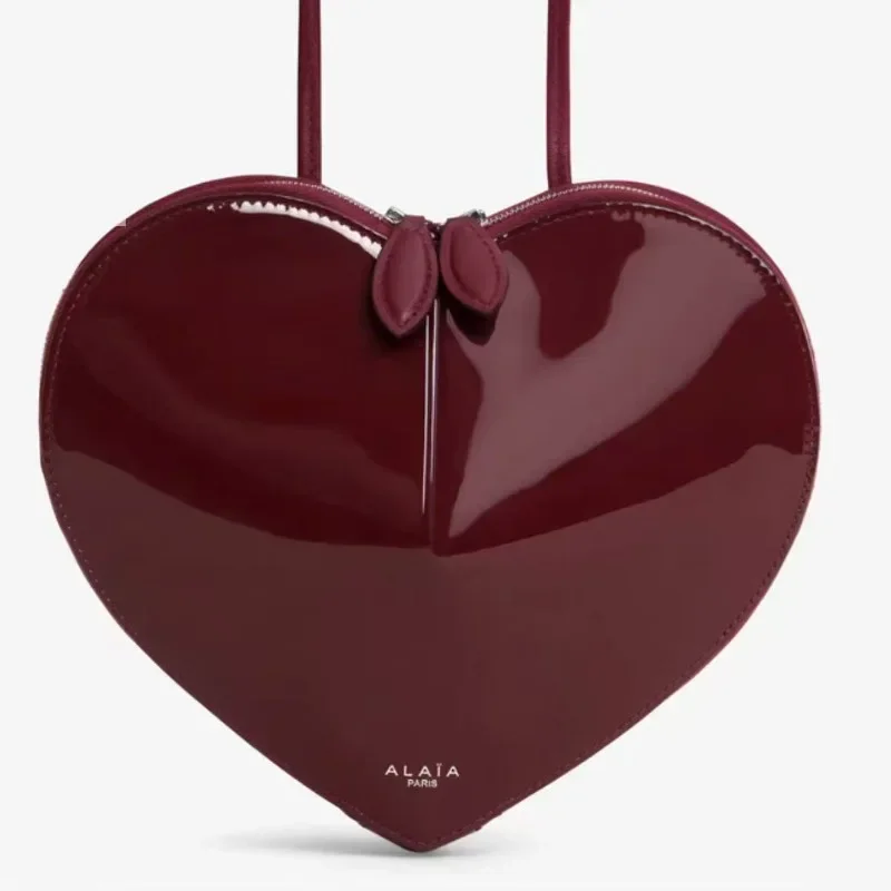 new modelWine Red Patent Leather Heart Crossbody Bag Women Zipper Shoulder Purse Dating Wedding Party Mini Daily Phone Handbag