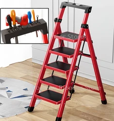 Red Ladders 4 Step Folding Ladder Carbon Steel High Stairs For Home Foldable House Ladder Household Kitchen Ladder Stool Ladder