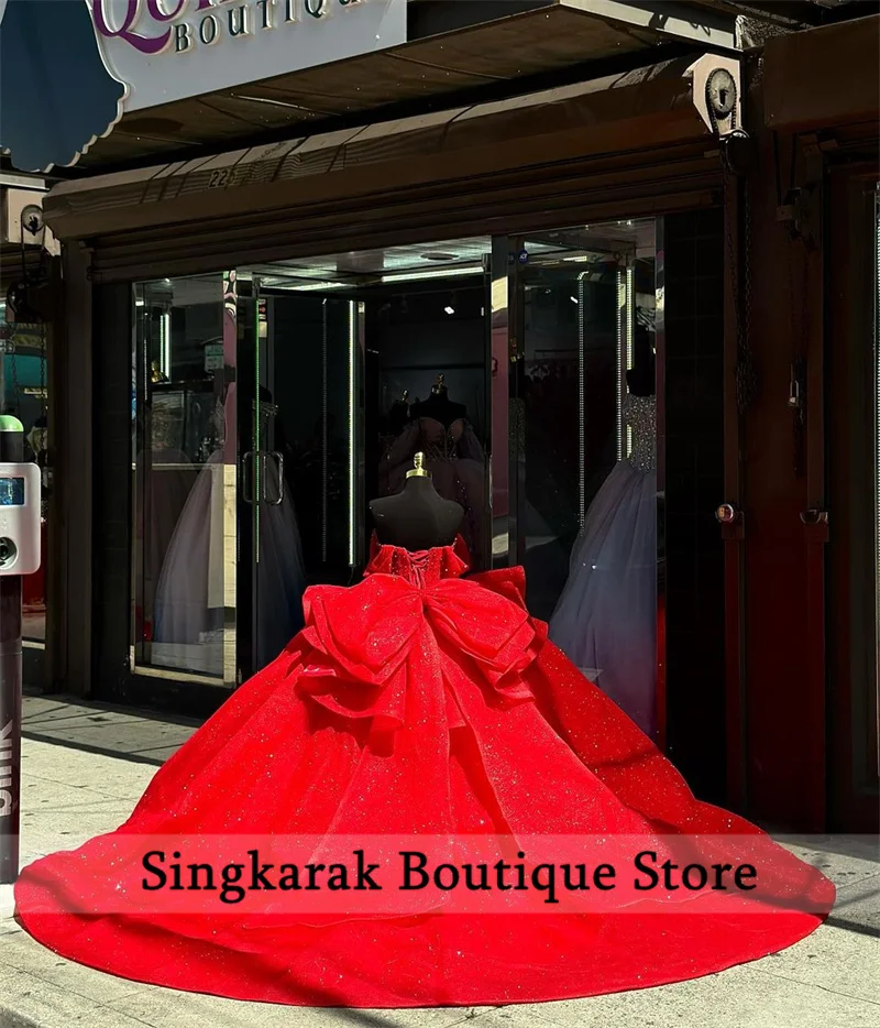 Red Quinceanera Dresses With Bow Sweet 16 Dress Appliques Crystal Pearls Beads Birthday Party Gowns Vestido De 15 Customized