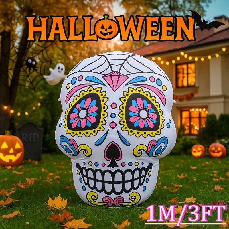 3FT aufblasbares Spielzeug, Zuckerschädel, Halloween-Dekorationen, aufblasbare Dekoration für Garten, drinnen und draußen, mit LED-Licht, für Zuhause, Party, Urlaub