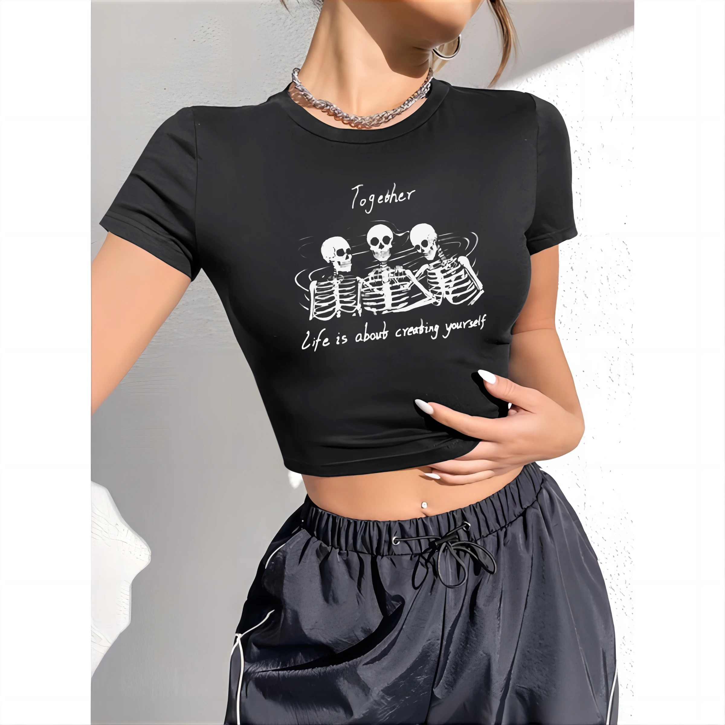 Summer Women's Slim Gothic Slogan Skull Print Navel Cropped Top