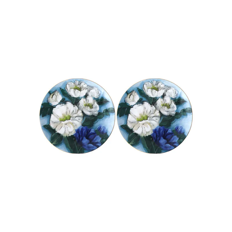 Morning Flowers, Flat Plate Glazed Medium Plate Dessert Ceramic Plate 17cm