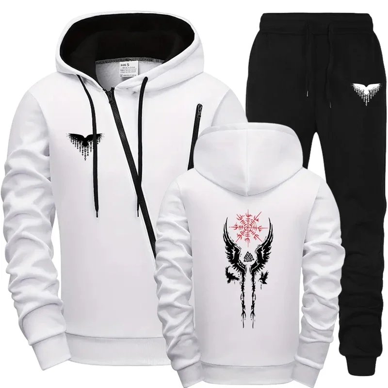 

2025 Raven Rune Print Mens Tracksuit Diagonal Zipper Hoodie and Sweatpants Urban Streetwear Autumn Winter City Riding Coats Suit