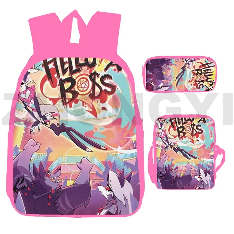 Canvas 3D Print Helluva Boss Cute Backpack Cartoon School Bags for Girls Women Urban Laptop Mochila 3 in 1 Students Pink Bookbag