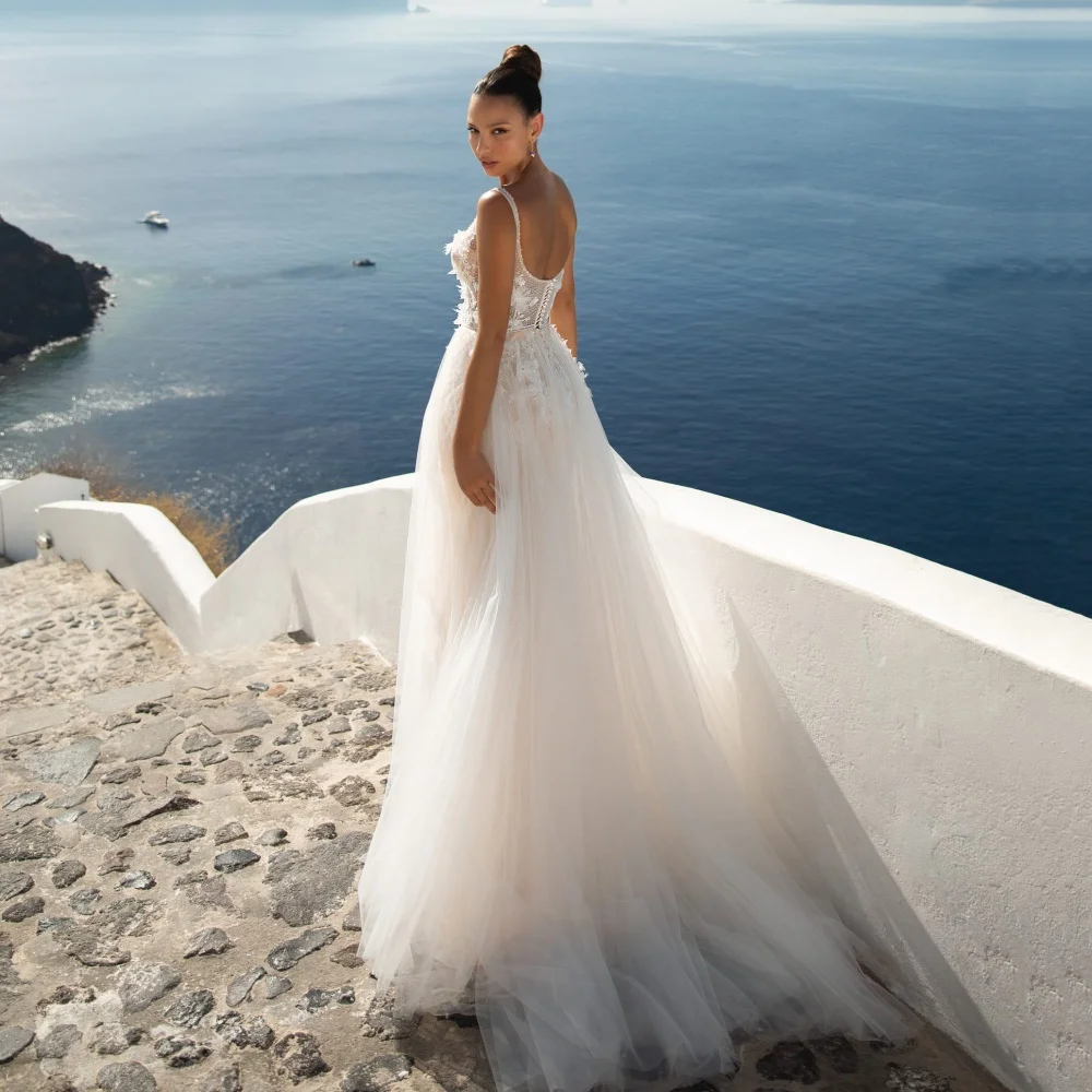 라인 사용자 정의 Boho 웨딩 드레스 Tulle Applique 신부 드레스 특종 스파게티 스트랩 환상 가운 2025 Vestidos De Novia