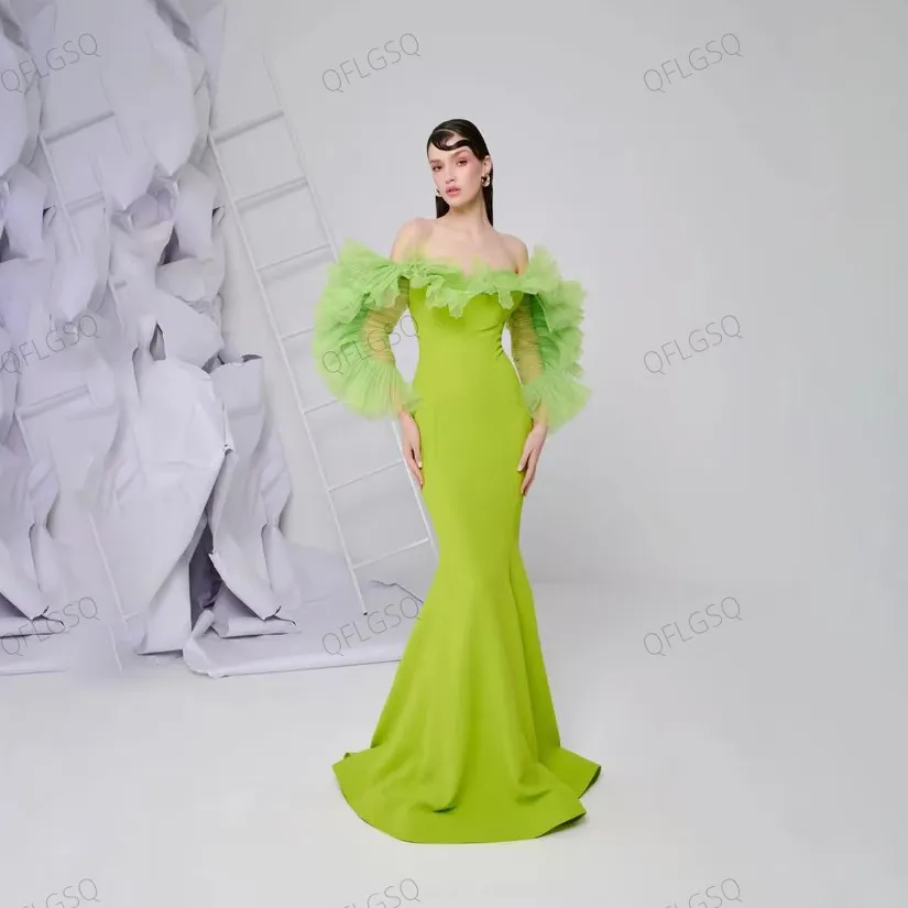 Neon Green Women Party Dresses High Couture Long Evening Gowns Sleeves Ruffled Wedding Reception Dress Trumpet Personalized