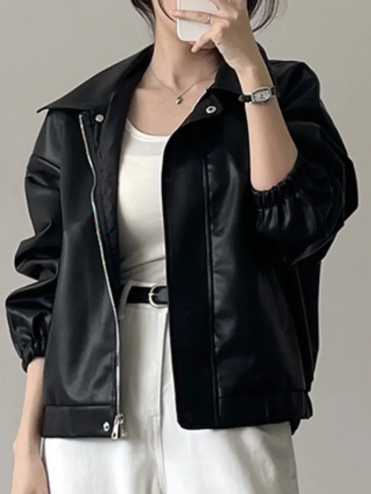 ريترو شيك بولي Leather الجلود السائق Jaet المرأة فضفاضة تناسب الياقات ort ملابس خارجية خمر Sle طويلة Sve سستة إغلاق معطف