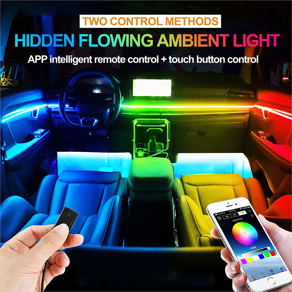 سيارة المحيطة ضوء LED شرائط مصباح العالمي 64 لون المخفية الاكريليك الزخرفية ضوء ستيريو كامل اللون تدفق RGB 5 فولت 2812 LED
