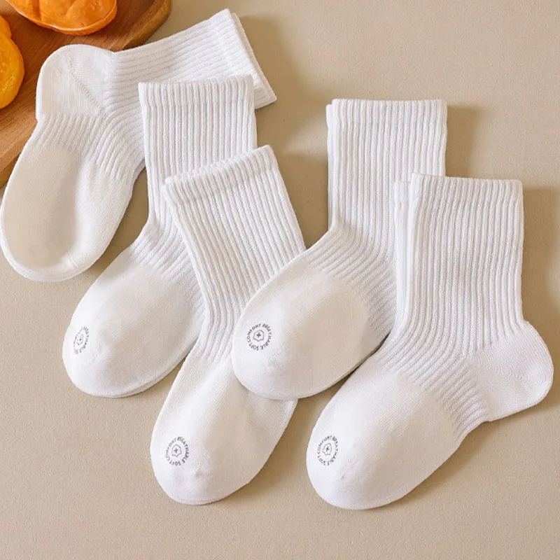 5 Pairs White Kids Sport Socks Breathable Mid Tube Children Socks Sweat Absorbent Running Kids Socks Student Socks For Boys