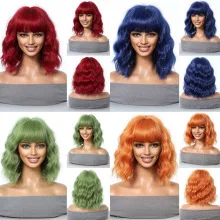 Women's short curly hair and bangs wig are natural and realistic, with a wavy head and rose net synthetic full head cover