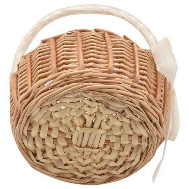 6Pcs Woven Flower Basket Rattan Storage Basket Flower Girl Hand Basket Handmade Flower Basket With Bow,Small