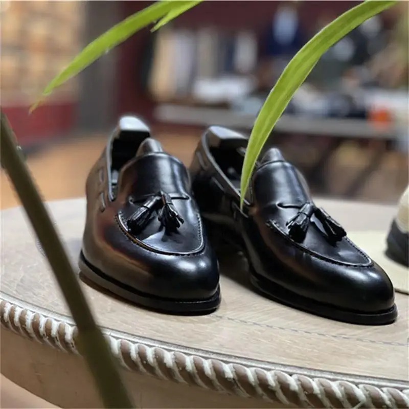 Retro Men Loafers Real Leather Low Heel BlackFringe Flats Comfortable Business Casual Daily Men Shoes Office Street  Mens Loafer