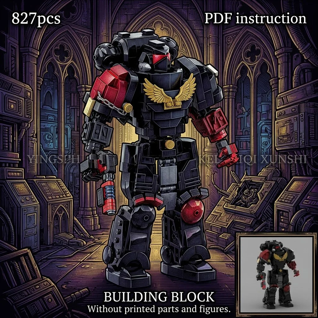 

MOC Block Model Black Power Armor Mecha Knight with Heavy Shoulder Pads and Gold Wing Emblem