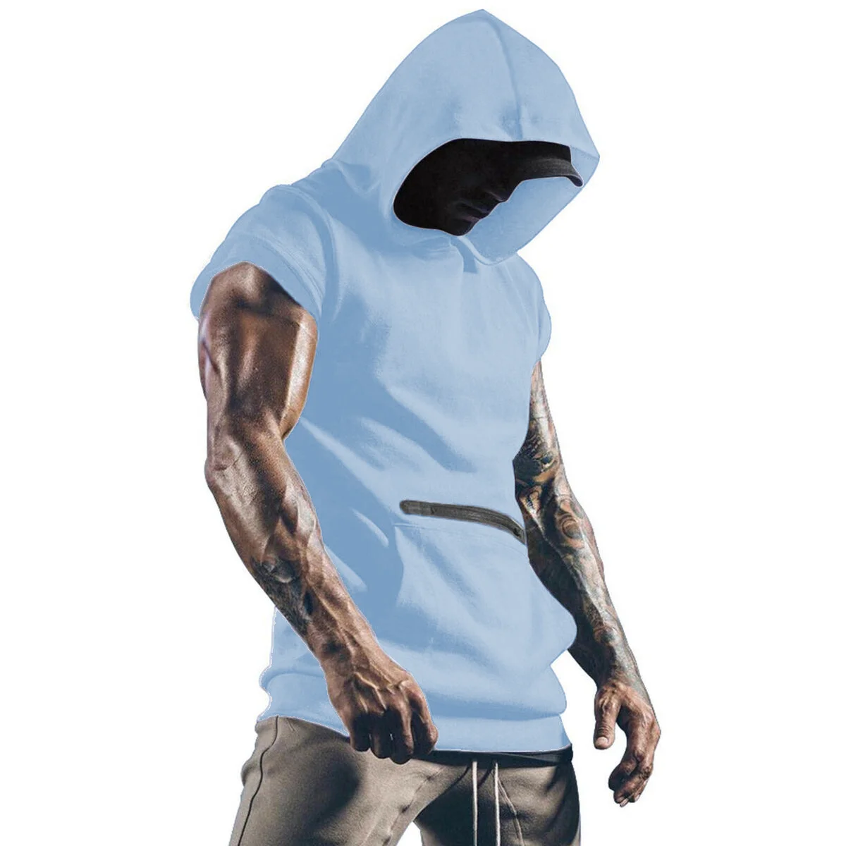 New 2025 Men's Fashion Solid Color Zipper Large Pocket Hoodie Casual Sport Basketball T-shirt Top Summer