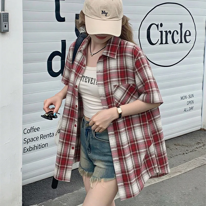 American-style Vintage Plaid Short-sleeve Shirt For Women New Casual Loose-fitting Slim Versatile Lazy-style Top And Jacket